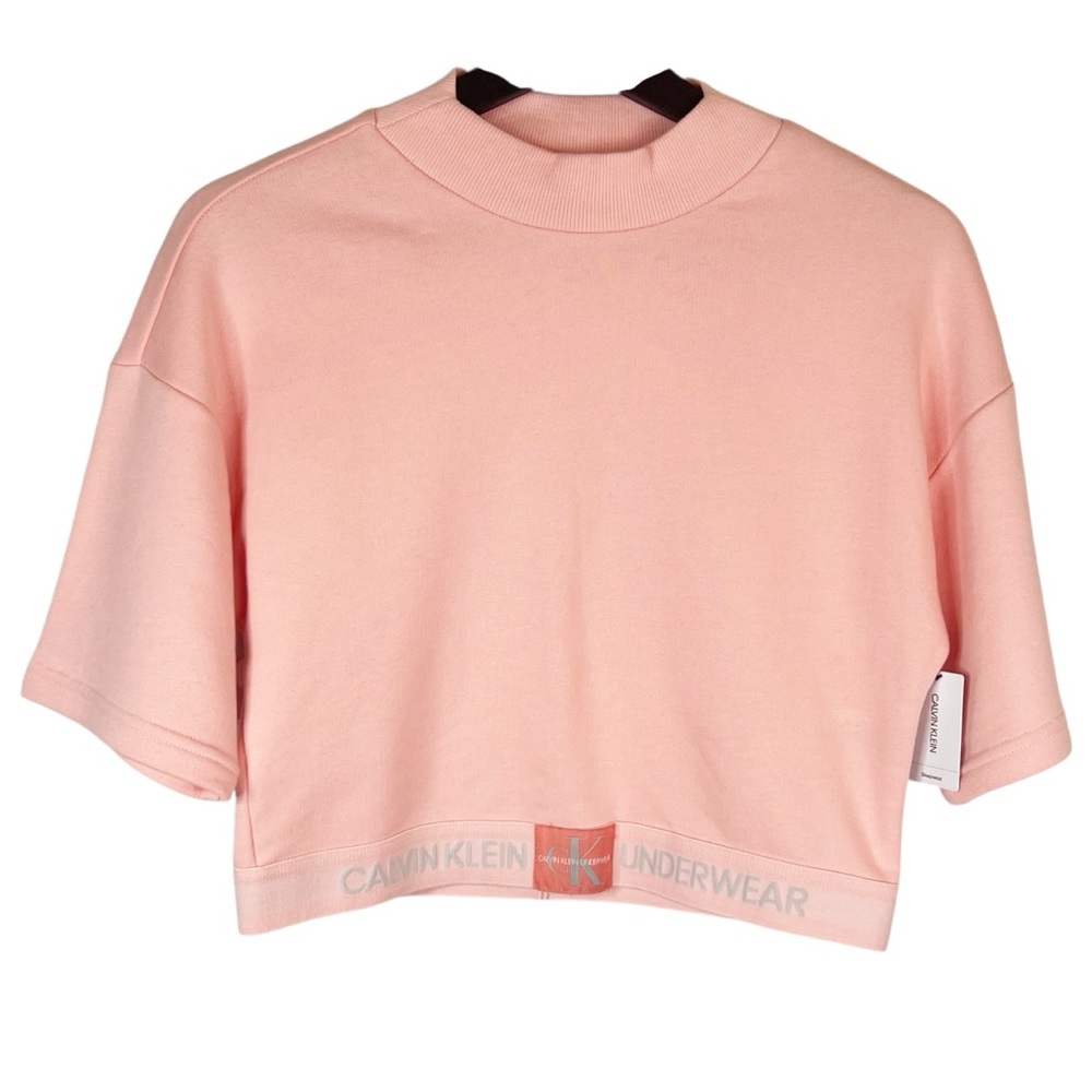 NWT Calvin Klein Performance Mock Neck Logo Trip Short Sleeve Top